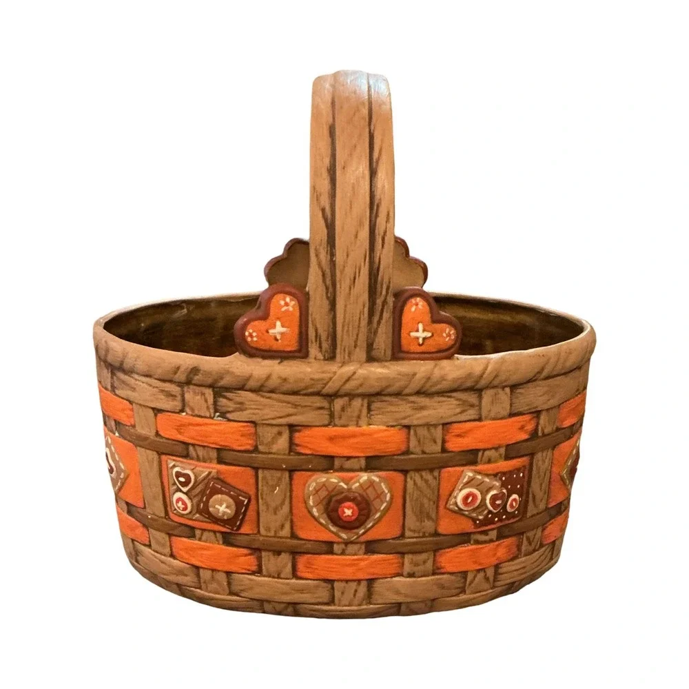 Vintage Ceramic Woven Basket Hand Painted Hearts Orange Brown Folk Art 8.5in